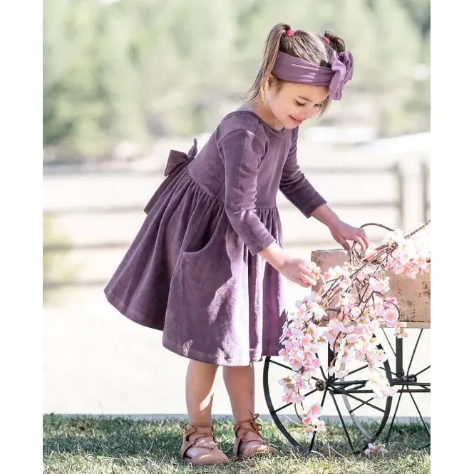 RuffleButts Vintage Violet Velour 3/4 Sleeve Twirl Dress