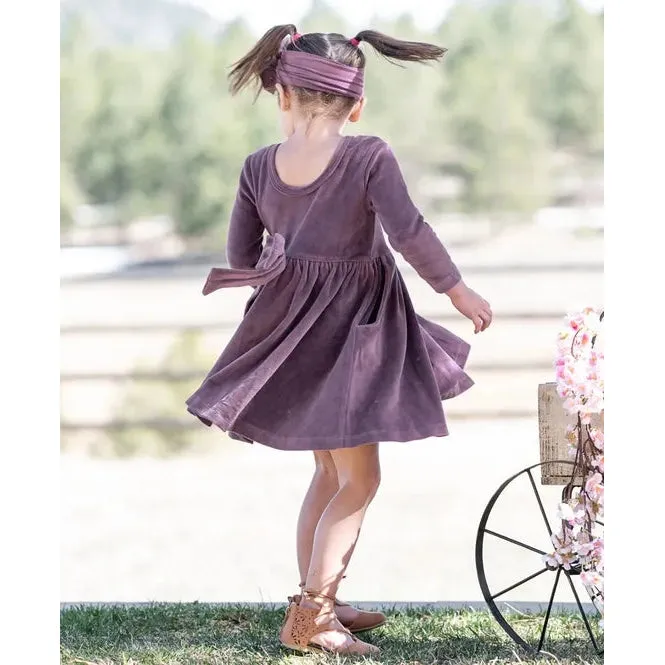 RuffleButts Vintage Violet Velour 3/4 Sleeve Twirl Dress