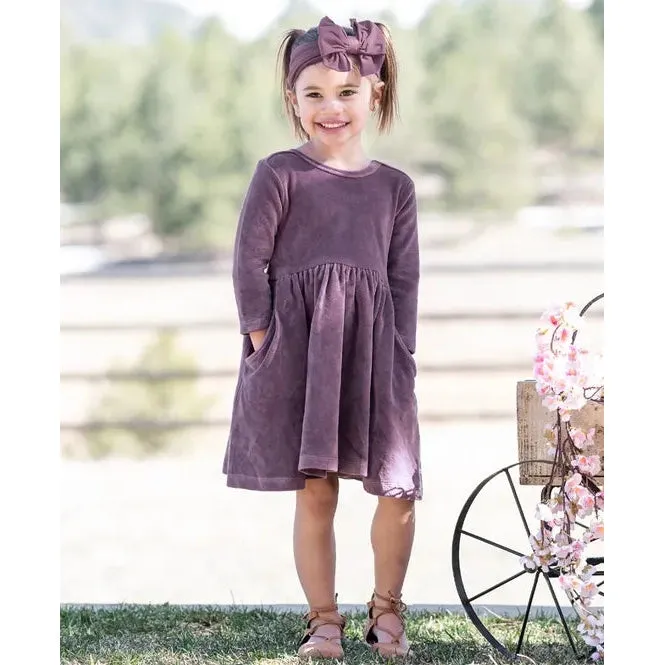 RuffleButts Vintage Violet Velour 3/4 Sleeve Twirl Dress