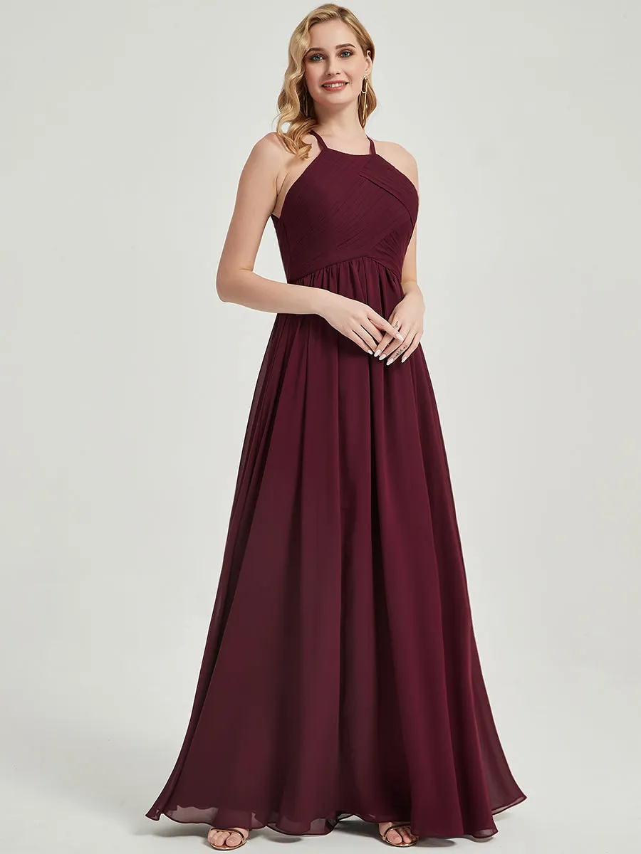 Rusty Red Halter Pleated Keyhole Back Chiffon Bridesmaid Dress