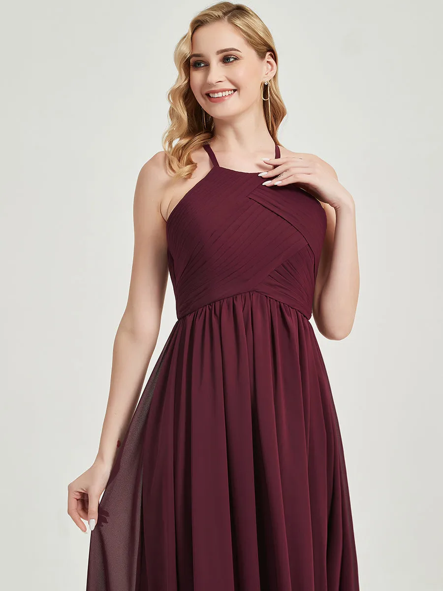 Rusty Red Halter Pleated Keyhole Back Chiffon Bridesmaid Dress