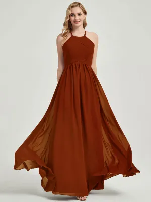 Rusty Red Halter Pleated Keyhole Back Chiffon Bridesmaid Dress