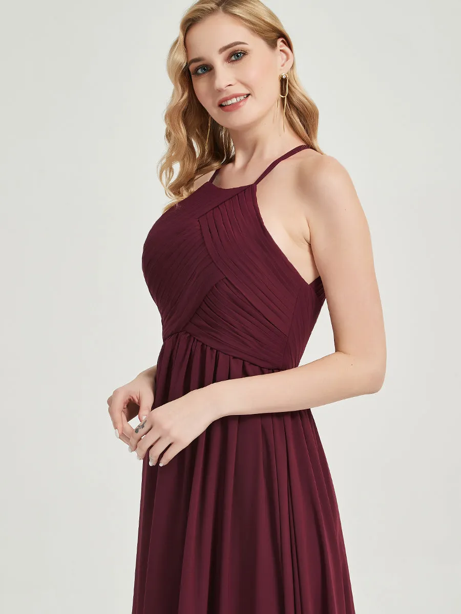 Rusty Red Halter Pleated Keyhole Back Chiffon Bridesmaid Dress
