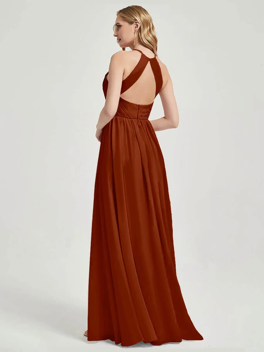 Rusty Red Halter Pleated Keyhole Back Chiffon Bridesmaid Dress