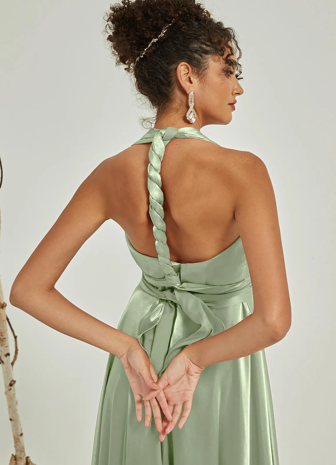 Sage Green Satin Convertible Bridesmaid Dress Multi Ways Wrap A-Line Gowns