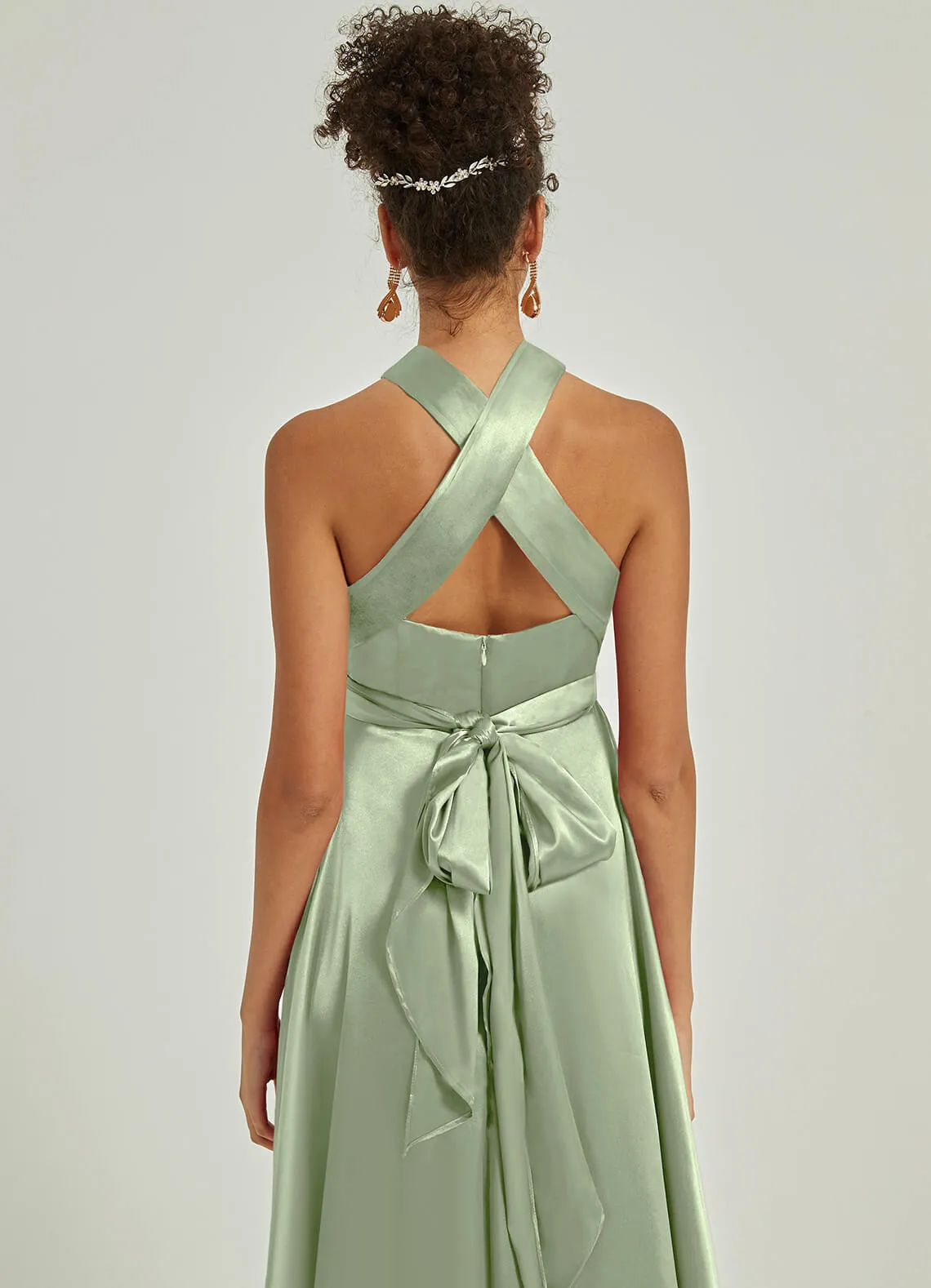 Sage Green Satin Convertible Bridesmaid Dress Multi Ways Wrap A-Line Gowns