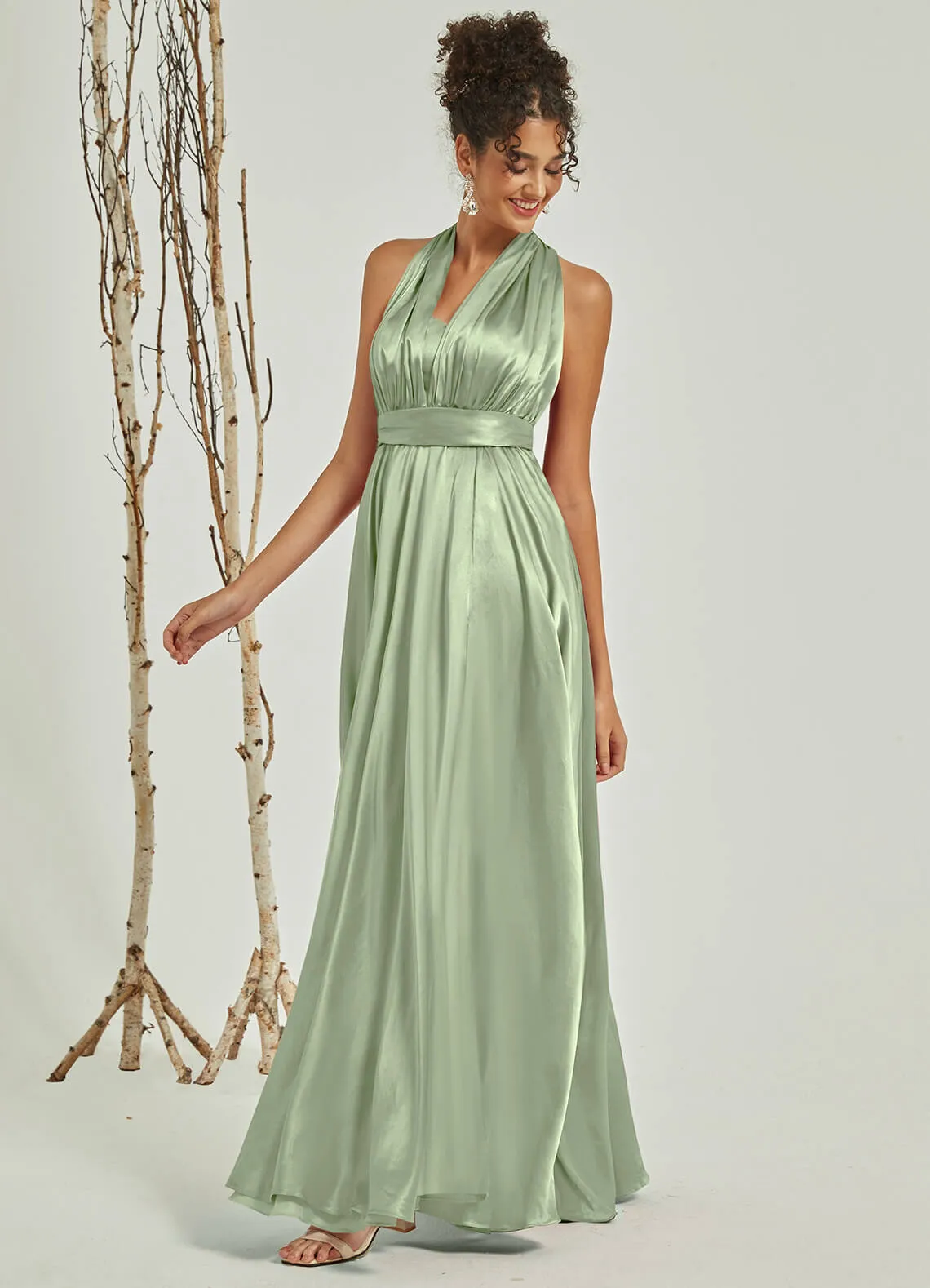 Sage Green Satin Convertible Bridesmaid Dress Multi Ways Wrap A-Line Gowns