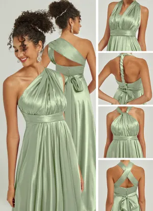Sage Green Satin Convertible Bridesmaid Dress Multi Ways Wrap A-Line Gowns