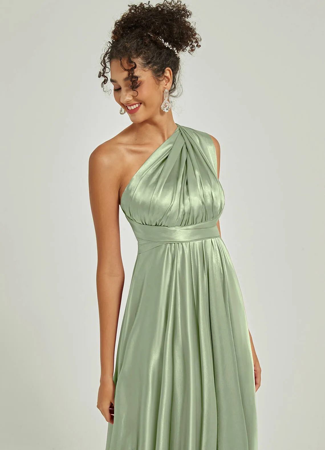 Sage Green Satin Convertible Bridesmaid Dress Multi Ways Wrap A-Line Gowns