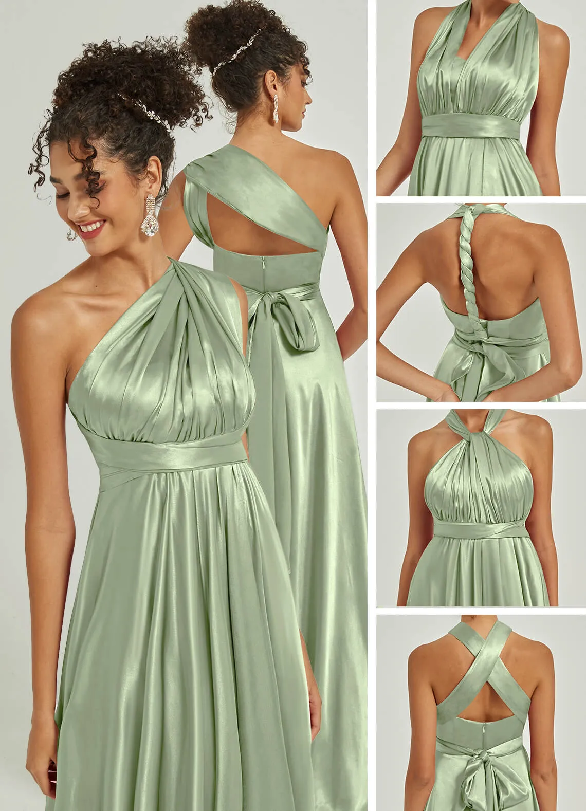 Sage Green Satin Convertible Bridesmaid Dress Multi Ways Wrap A-Line Gowns