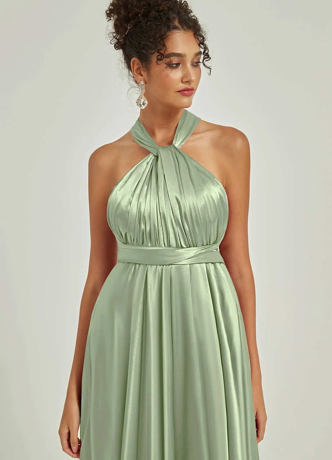 Sage Green Satin Convertible Bridesmaid Dress Multi Ways Wrap A-Line Gowns