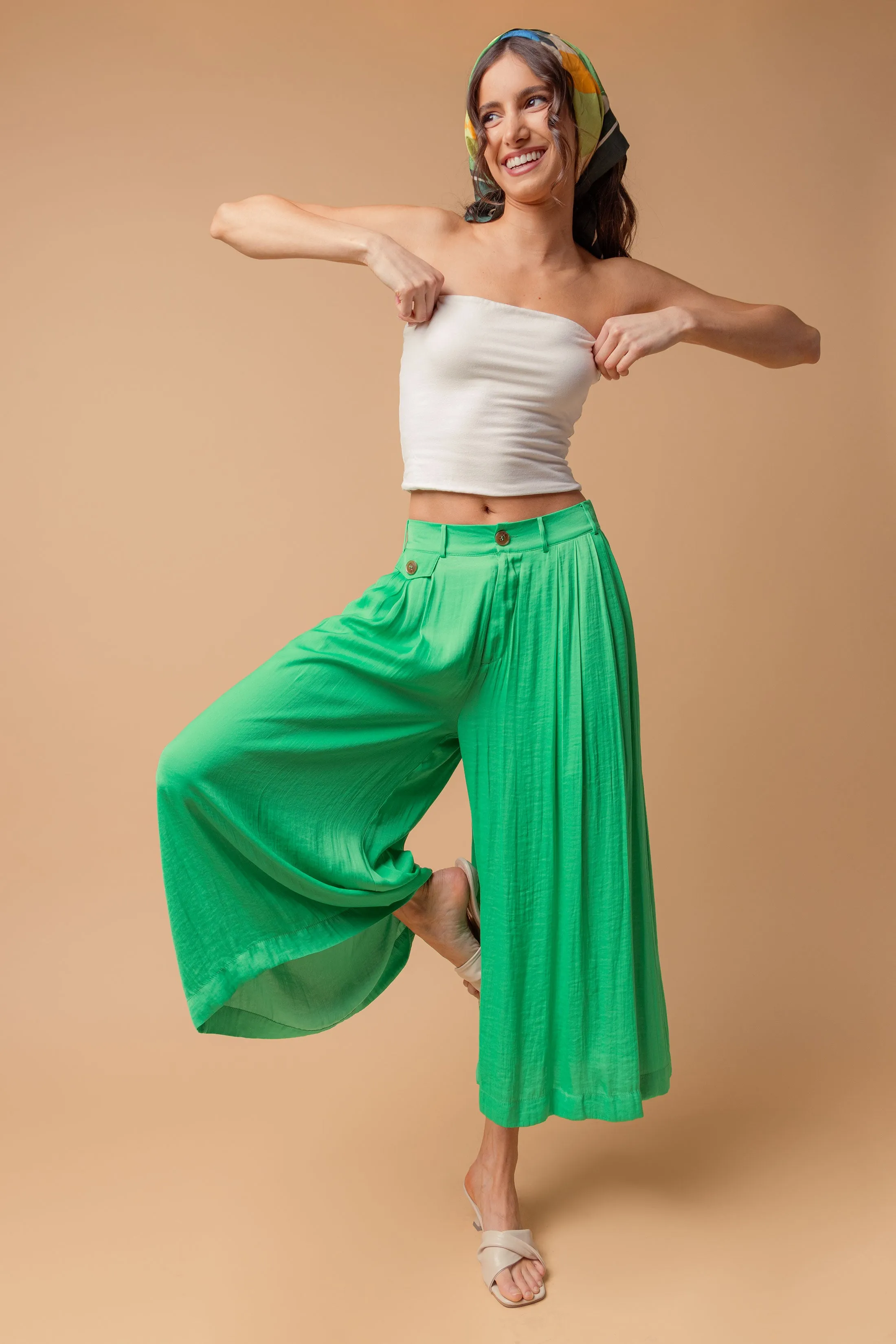Satin Culotte Pants With Elastic Waist