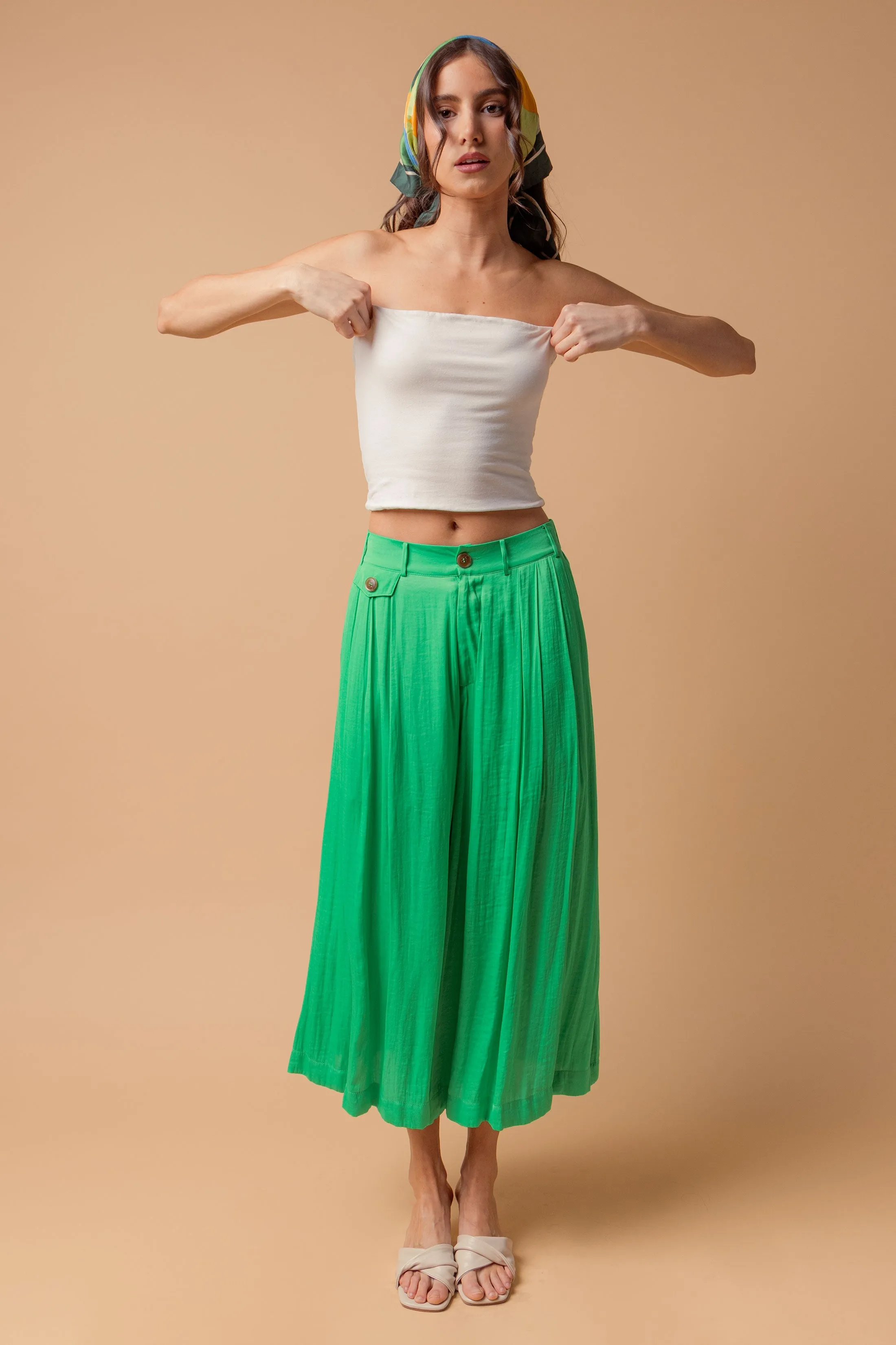 Satin Culotte Pants With Elastic Waist