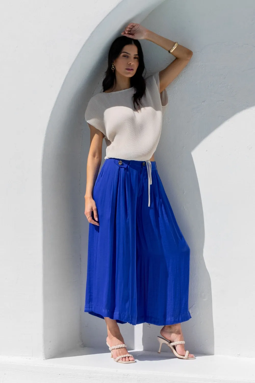 Satin Culotte Pants With Elastic Waist