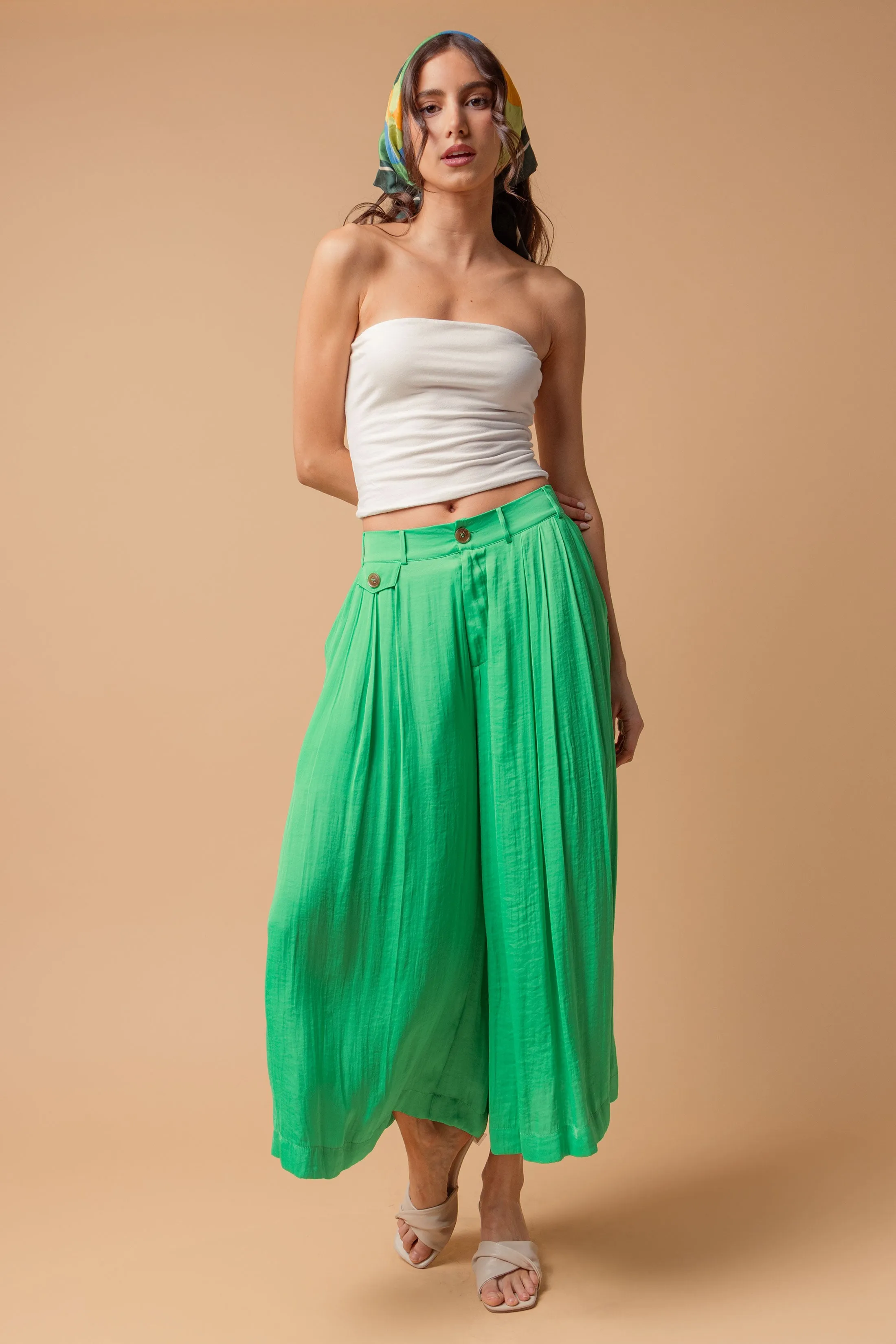 Satin Culotte Pants With Elastic Waist