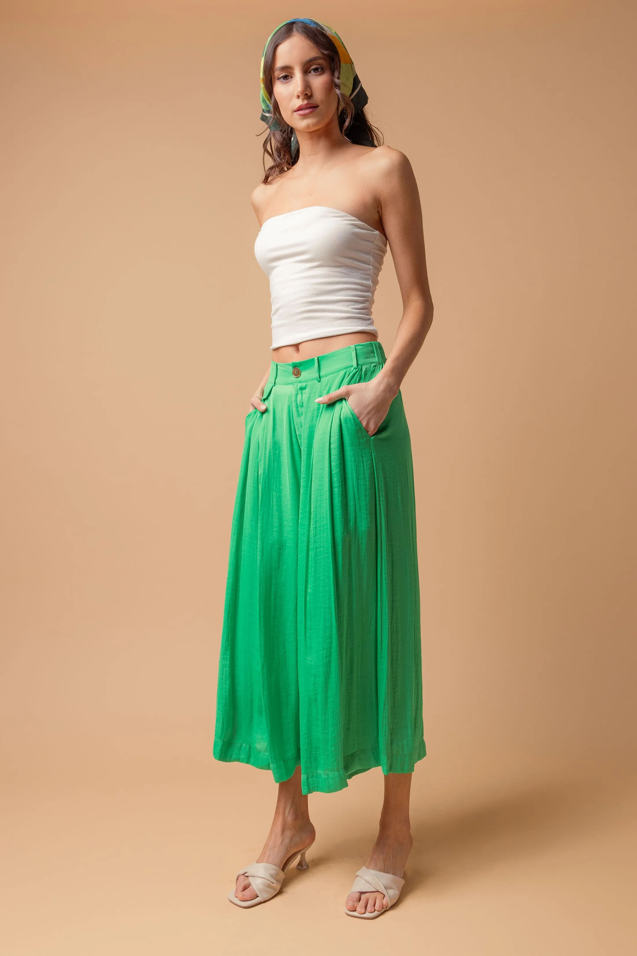 Satin Culotte Pants With Elastic Waist