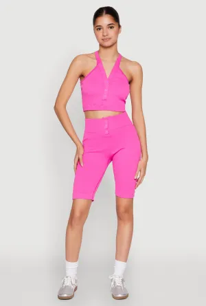 Seamless Ribbed Button Detail Biker Shorts