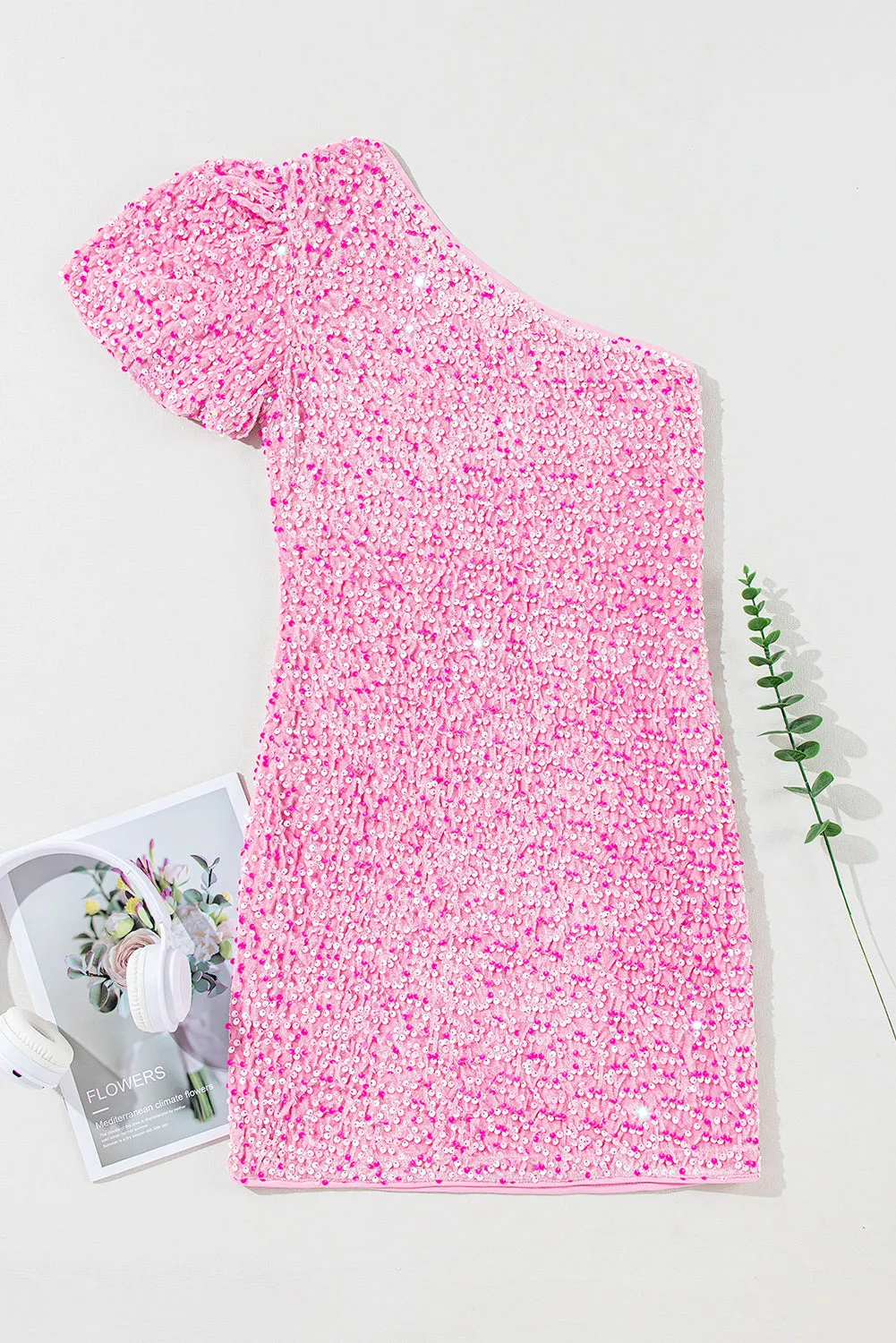 Sequin One Shoulder Puff Sleeve Bodycon Dress
