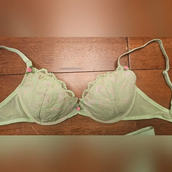 Set, bra, sleep, green, girly, lace, Betsey Johnson, casual, night, wedding, y2k