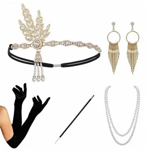 Set Flapper Gatsby, 20's rhinestone pearls art deco headband 1920's Headpiece fascinator, Bridal Headband, earrings, gloves, necklace