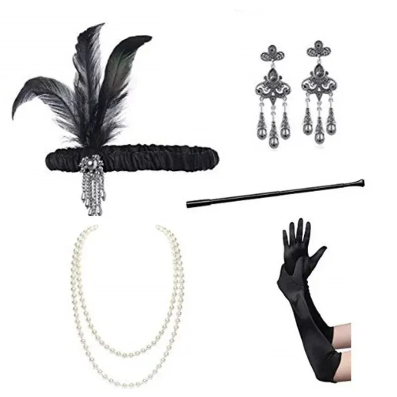 Set Flapper Gatsby, 20's rhinestone pearls art deco headband 1920's Headpiece fascinator, Bridal Headband, earrings, gloves, necklace