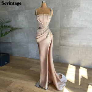 Sevintage Spaghetti Strap Pleats Slit Dress