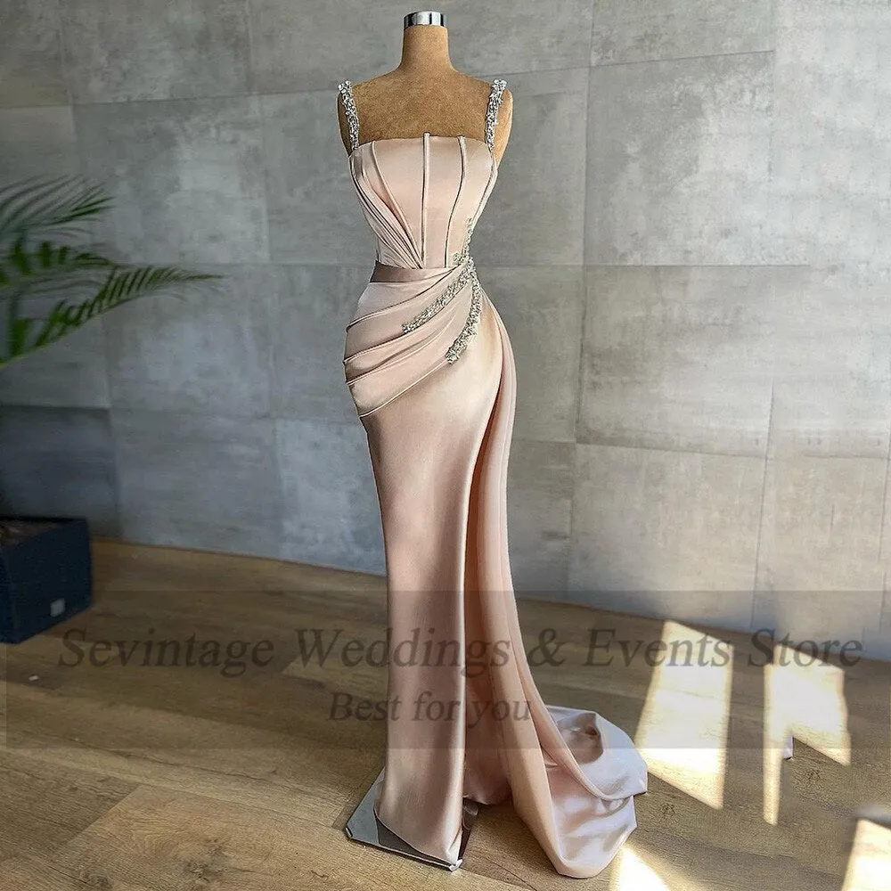 Sevintage Spaghetti Strap Pleats Slit Dress