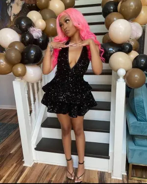 Sexy Black Sequin Short Homecoming Dresses Tiered Prom Dress Back Open