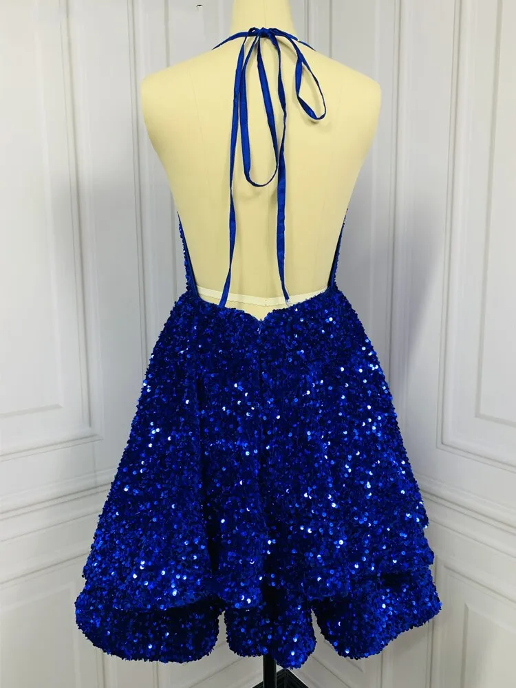 Sexy Black Sequin Short Homecoming Dresses Tiered Prom Dress Back Open