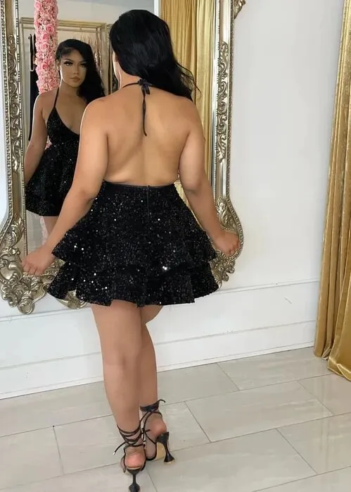 Sexy Black Sequin Short Homecoming Dresses Tiered Prom Dress Back Open