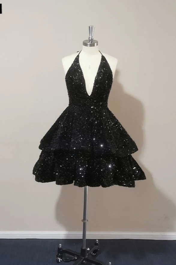 Sexy Black Sequin Short Homecoming Dresses Tiered Prom Dress Back Open