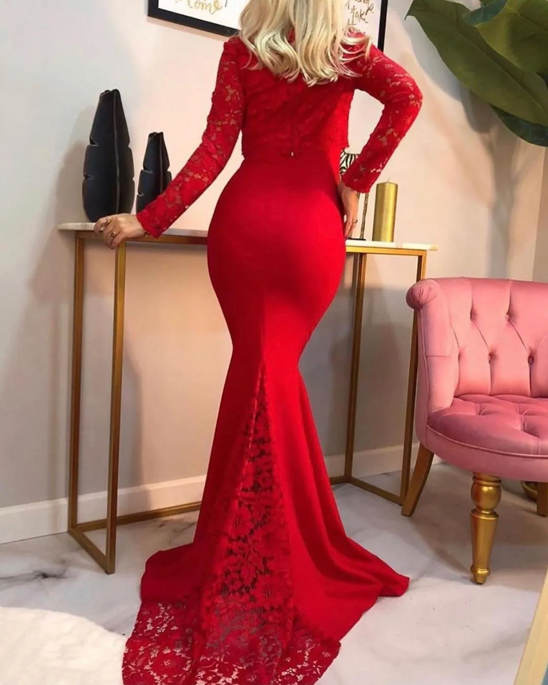 Sexy Mermaid Long Sleeves Red Lace Prom Dresses