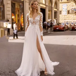 Sexy Side Slit Lace Vintage Wedding Dresses