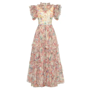 Shelby Stand Collar Flying Sleeve Sequins Ruffles Multicolor Print Vintage Dress