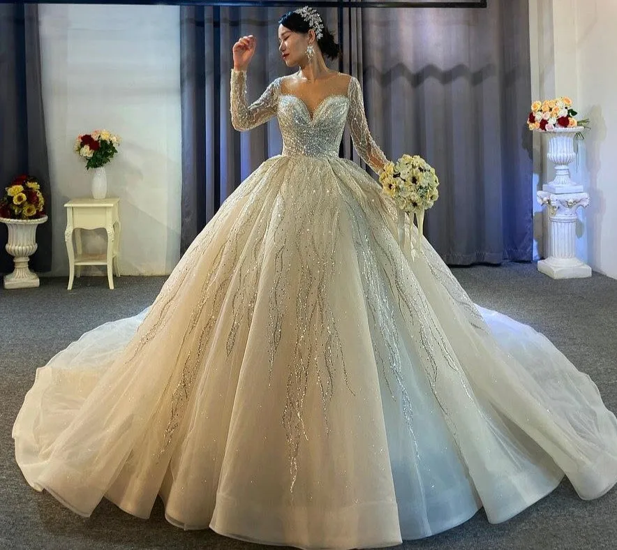 shinny beading wedding dress long sleeves