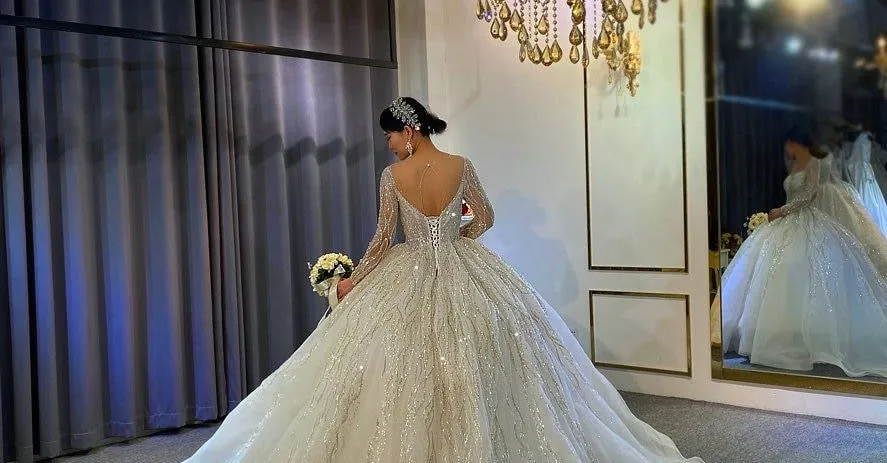 shinny beading wedding dress long sleeves