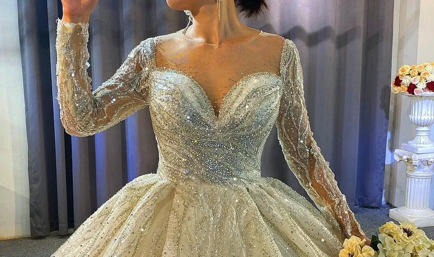 shinny beading wedding dress long sleeves