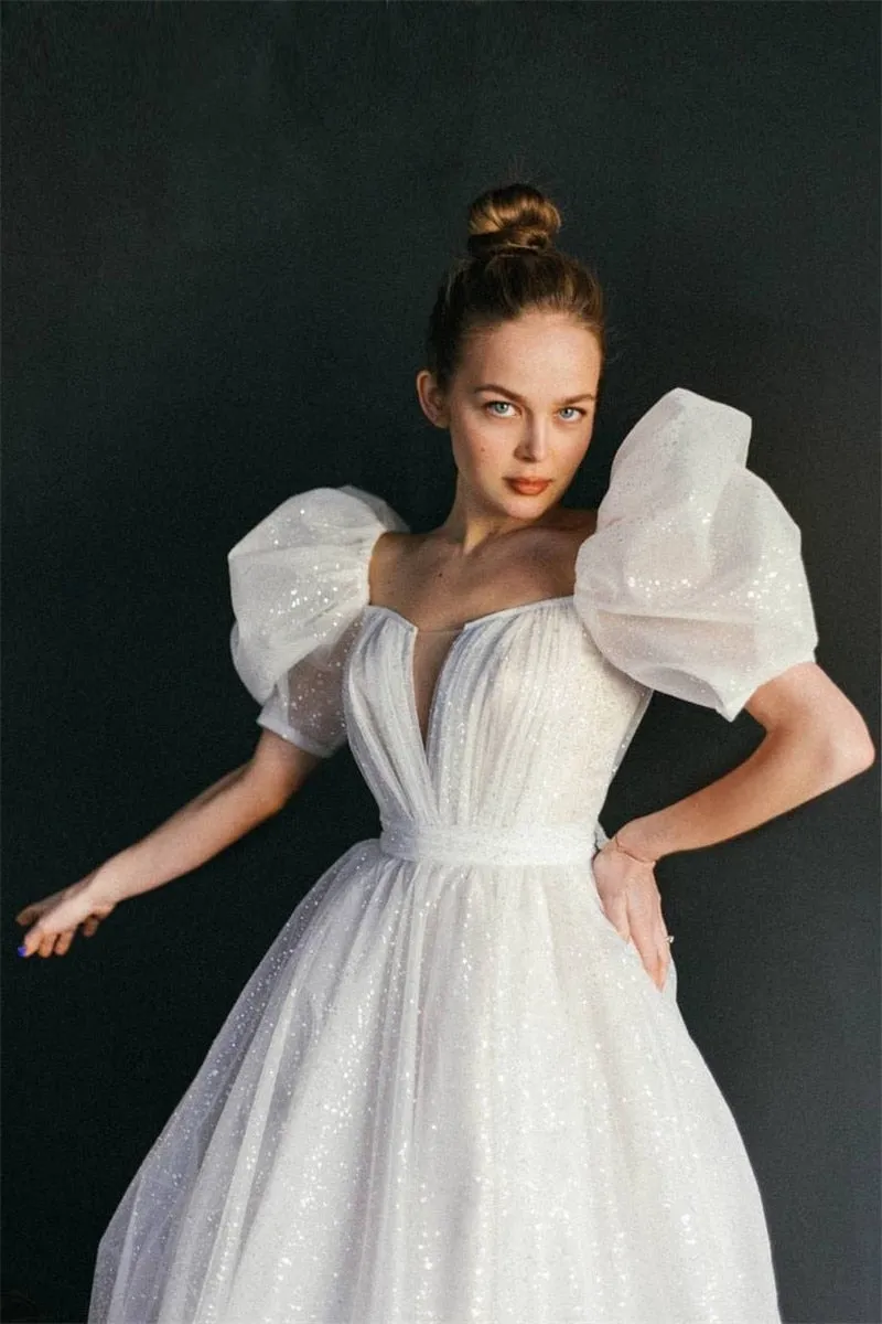 Shiny Glitter Wedding Dresses with Puff Short Sleeve Vintage Gowns Princess