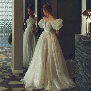 Shiny Glitter Wedding Dresses with Puff Short Sleeve Vintage Gowns Princess