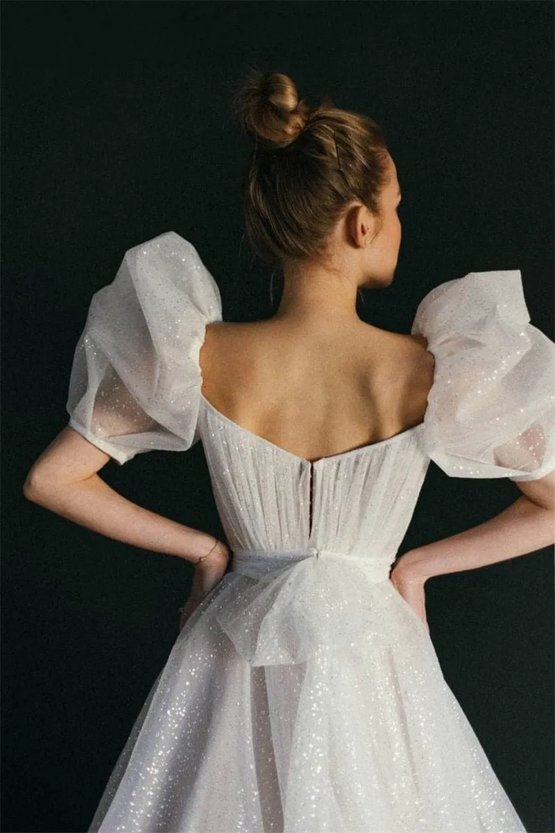 Shiny Glitter Wedding Dresses with Puff Short Sleeve Vintage Gowns Princess
