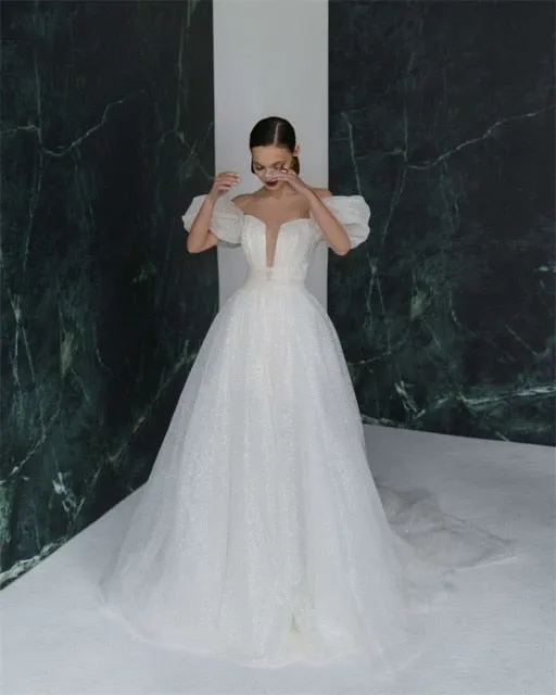 Shiny Glitter Wedding Dresses with Puff Short Sleeve Vintage Gowns Princess