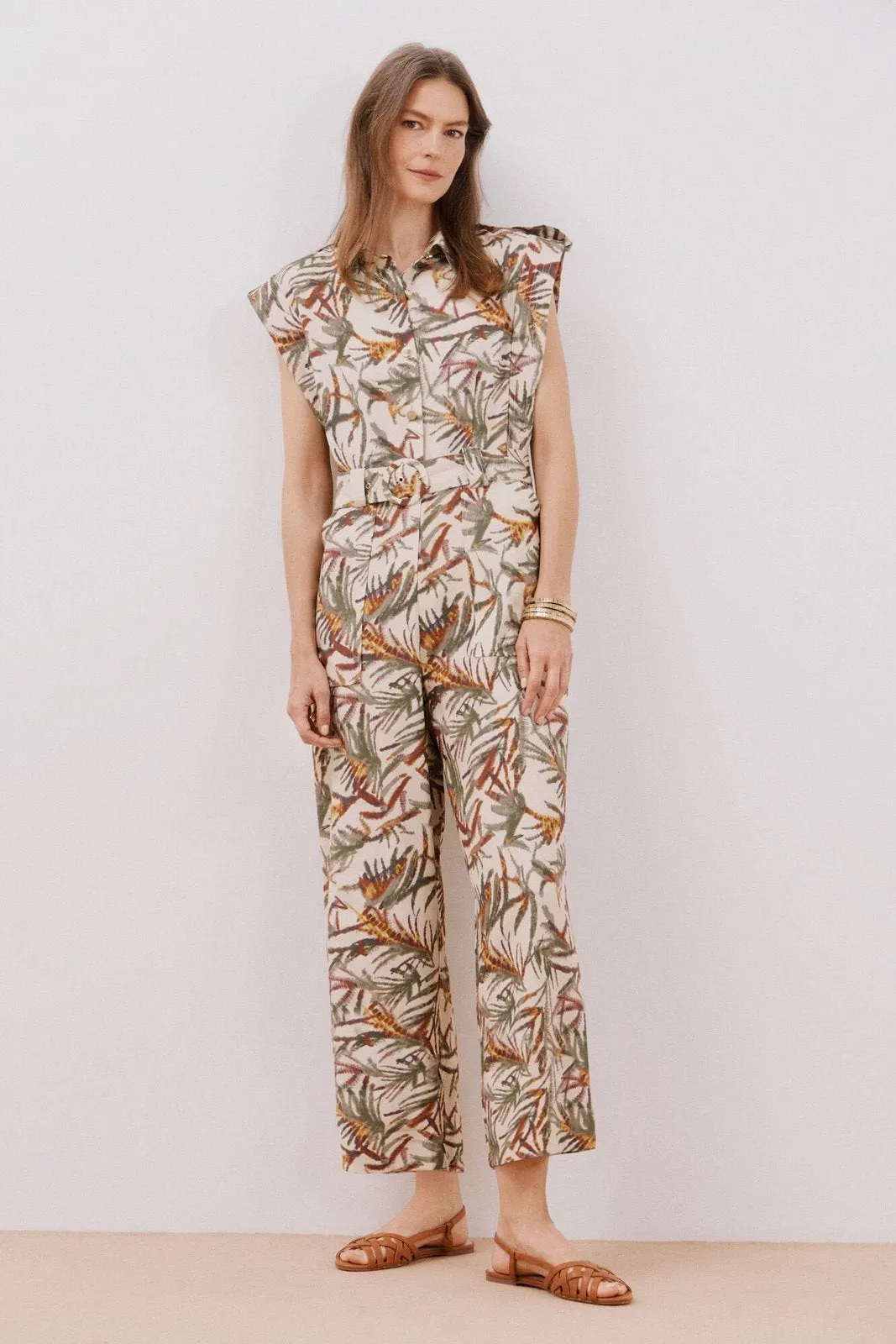 Short Sleeve Belted Jumpsuit - White Print