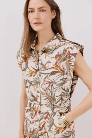 Short Sleeve Belted Jumpsuit - White Print