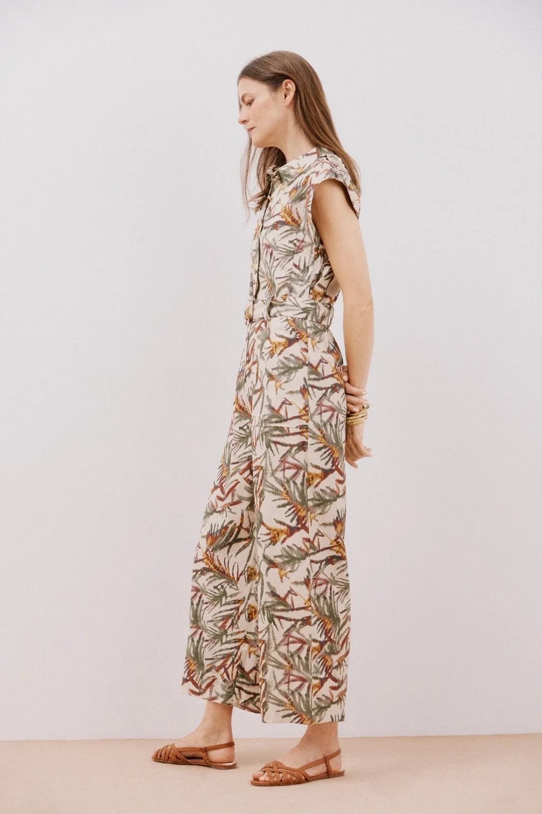 Short Sleeve Belted Jumpsuit - White Print