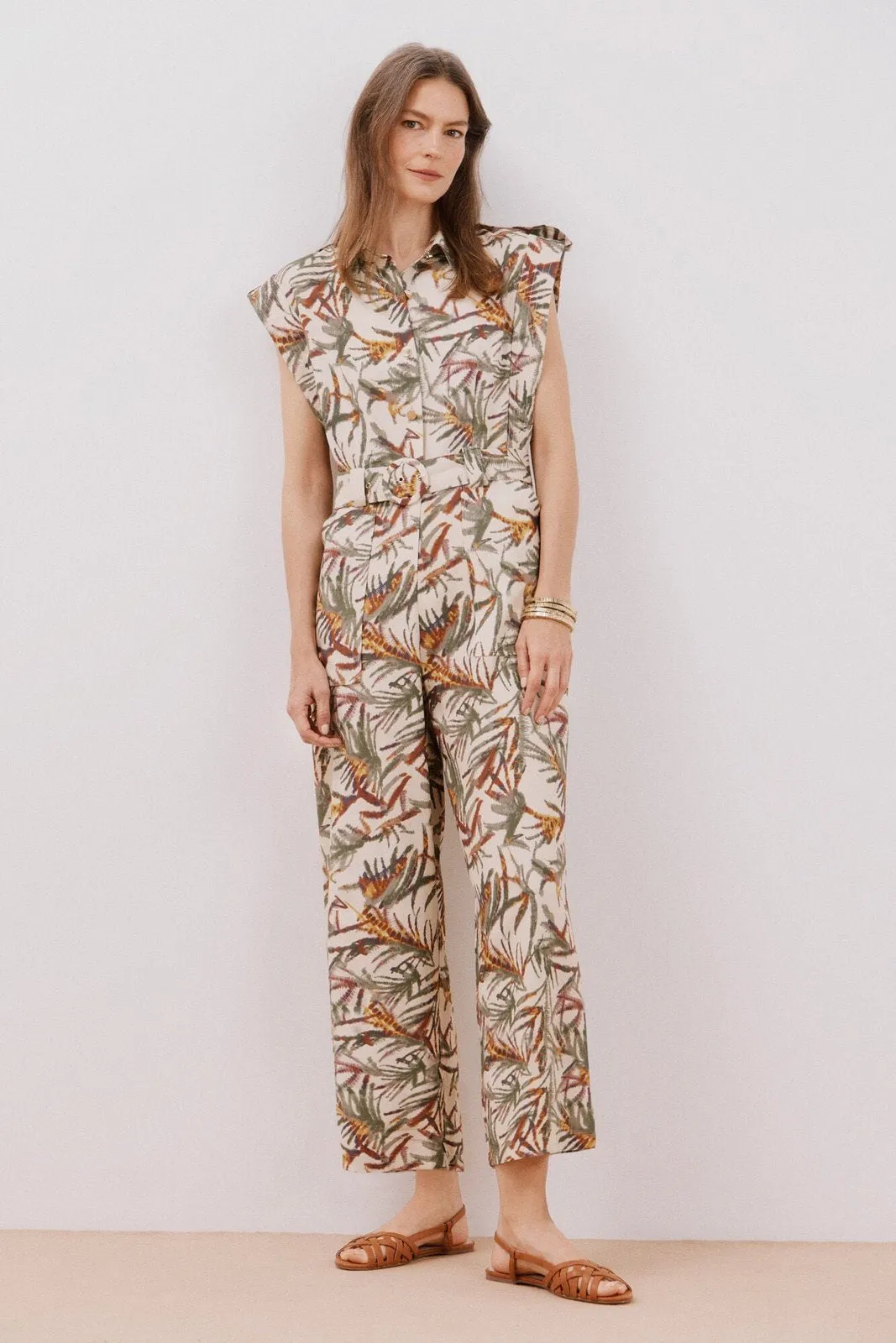 Short Sleeve Belted Jumpsuit - White Print