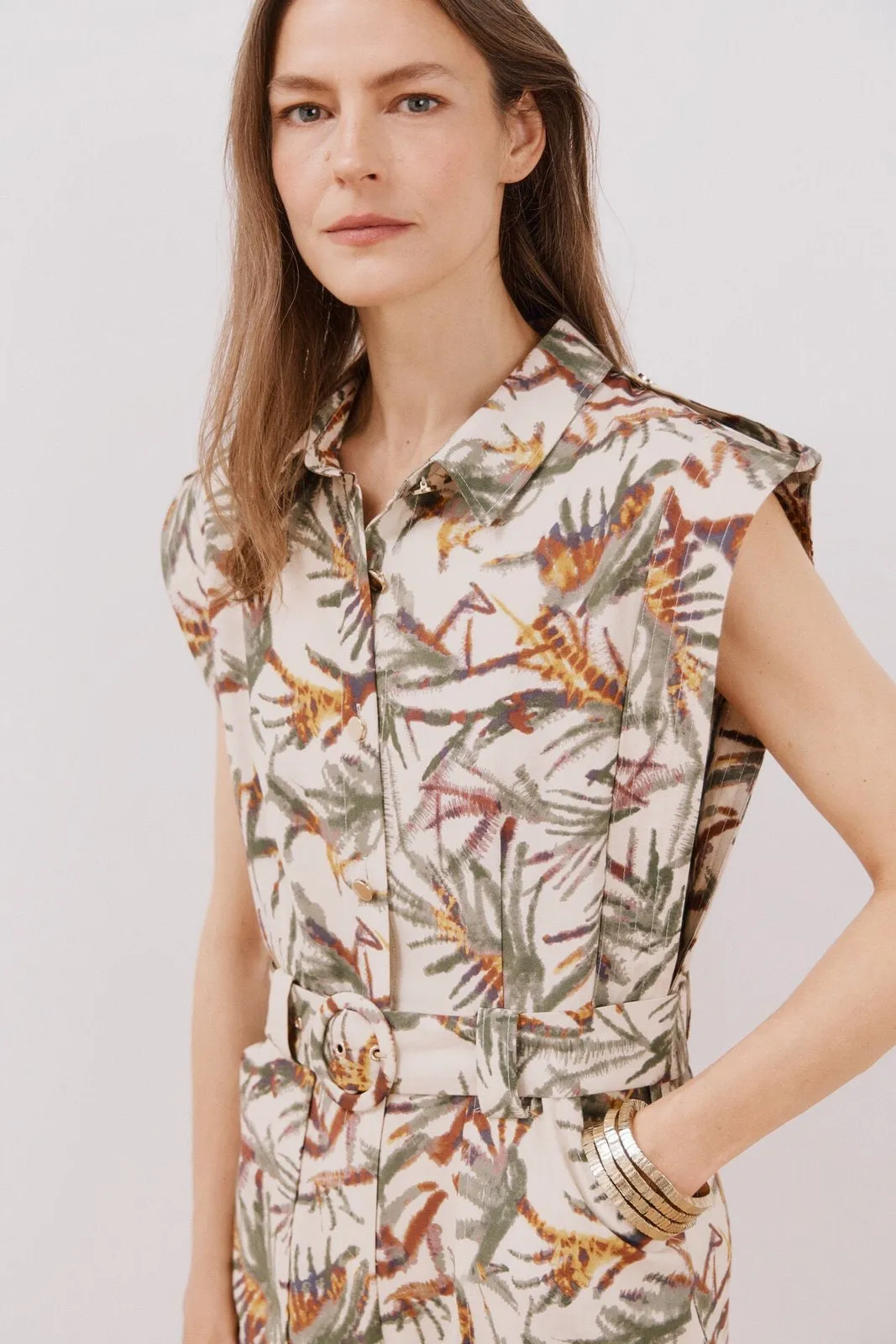 Short Sleeve Belted Jumpsuit - White Print
