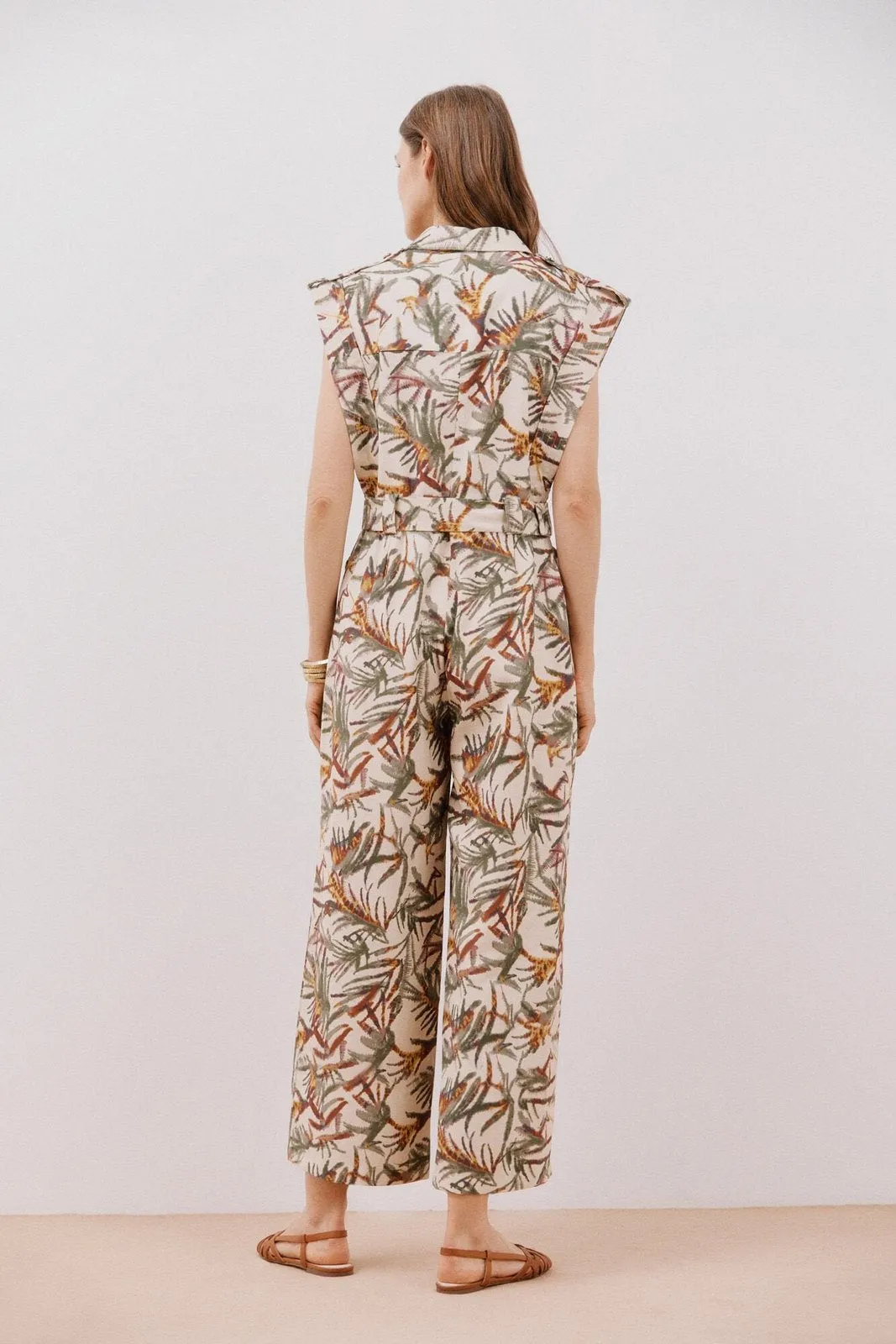 Short Sleeve Belted Jumpsuit - White Print