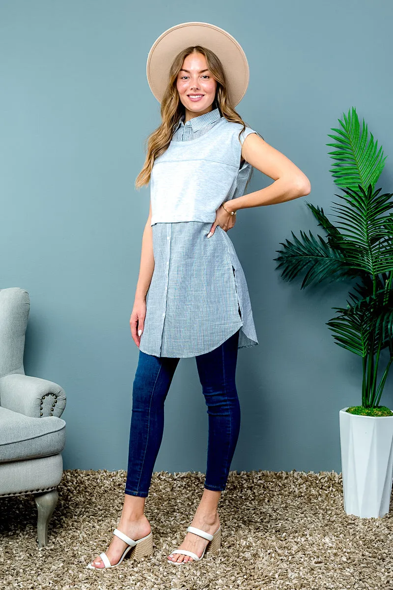 Short Sleeve Bohemian Style Stripped Tunic Top (16092)
