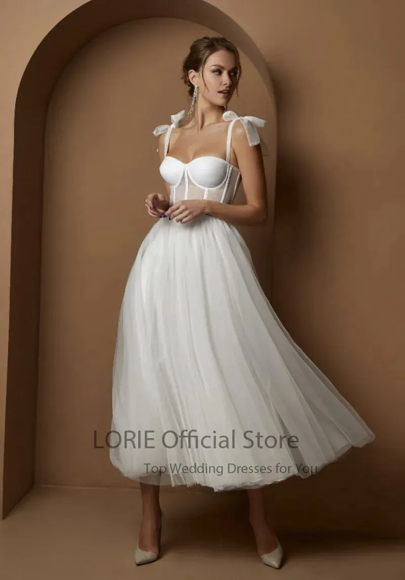 Short Wedding Dresses Modern Boning Spaghetti Strap A Line Tea Length White