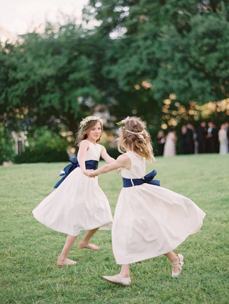 Simple Ivory Satin Navy Belt Vintage Flower Girl Dresses, FGS108